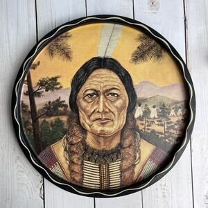 Vintage 1960s Sitting Bull Portrait Metal Serving Native American Chief 11" Diam